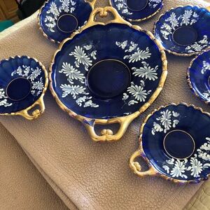 Cobalt Blue Floral Italian Vintage Serving Bowl Set with Gold Accents